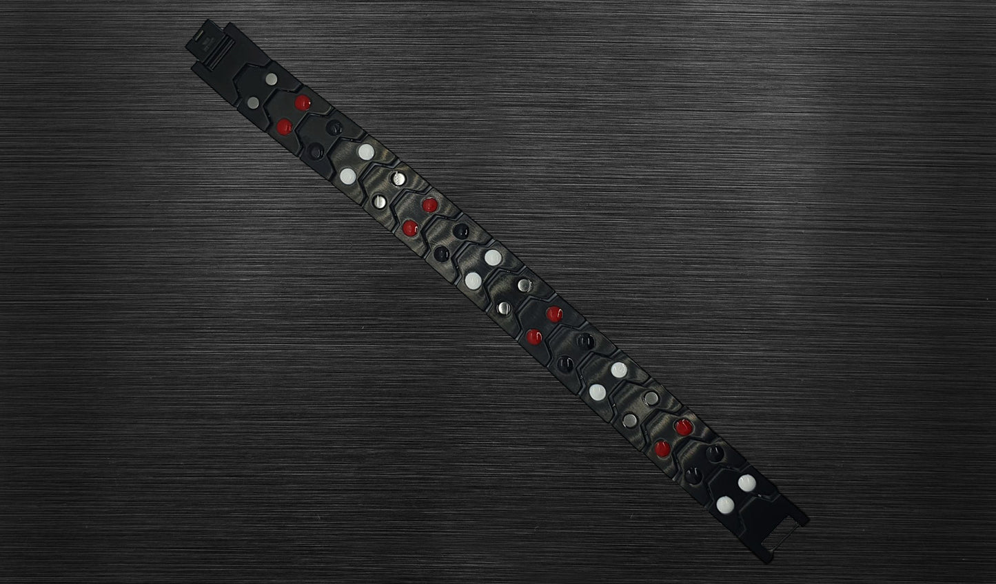 Turn to the back view of 'THE CARLISLE' to explore the thoughtful craftsmanship and meaningful design. Each link contains healing properties for the mind and body, adding a coupling of meaning to its style. The secure fold-over clasp, visible from this angle, ensures not only elegance but also security for all-day wear.