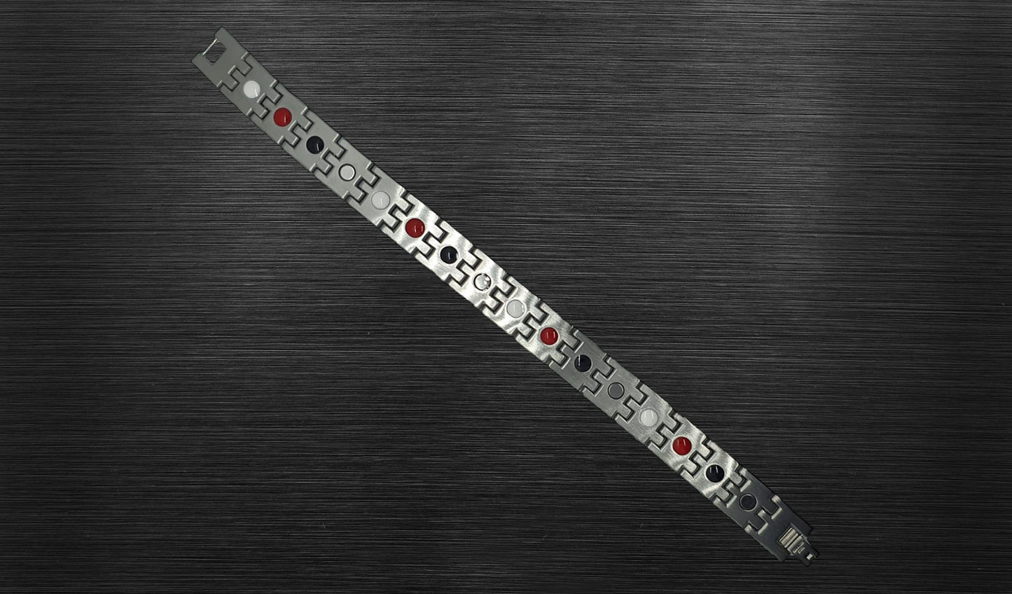 Back view of 'THE RYAN' Men's Silver/Black Double Trim Bracelet, revealing the craftsmanship and secure fold-over clasp. Each link is designed for both elegance and functionality, ensuring a comfortable fit and showcasing the innovative features of this statement piece.