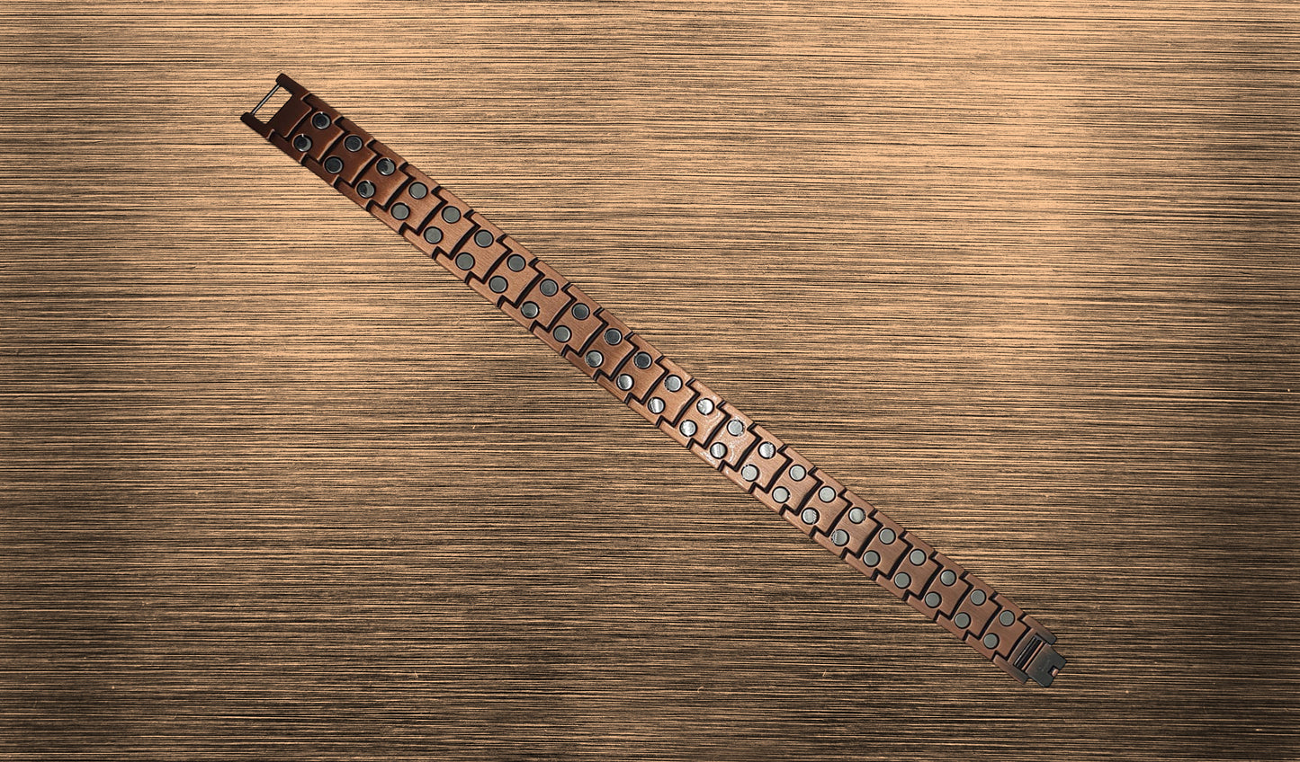 Back view of 'THE COOPER' Unisex Copper Bracelet, revealing the craftsmanship and the secure clasp. Each link is crafted with innovative technology designed to support the immune system and circulation. This view provides a comprehensive understanding of the powerful healing properties and stunning design that make 'THE COOPER' a unique and impactful accessory for wellness and style.