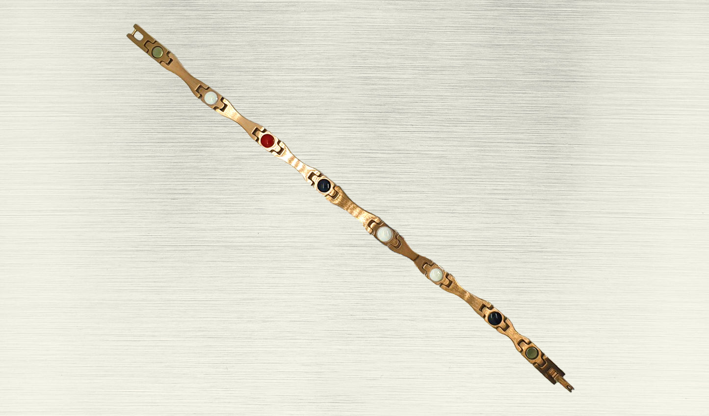 Back view of 'THE ALAIA' Women’s Rose Gold Crystallized Elongated Bracelet, revealing the craftsmanship and the secure fold-over clasp. The sleek and modern design of the elongated bar is complemented by rose gold links, creating a bracelet that seamlessly blends style and innovation. This perspective provides a comprehensive understanding of the unique bracelet, making it a go-to favorite for both style and sophistication.