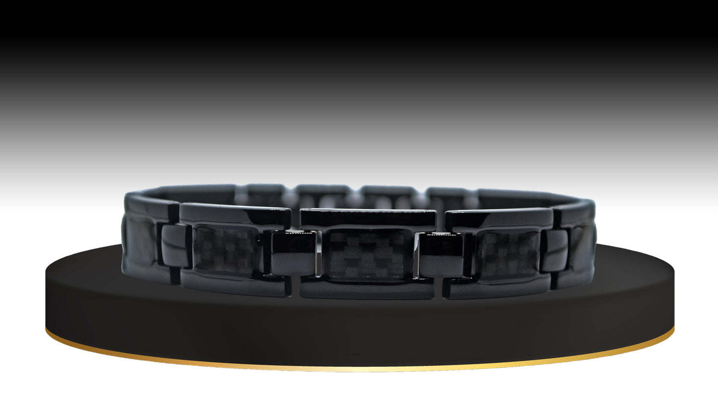 Main view of 'THE ETHAN' Men's Black Carbon Brick Bracelet, showcasing an ultra-modern jet-black carbon brick band with innovative technology. The streamlined look of this bracelet is designed to make a bold statement, seamlessly combining style and functionality.