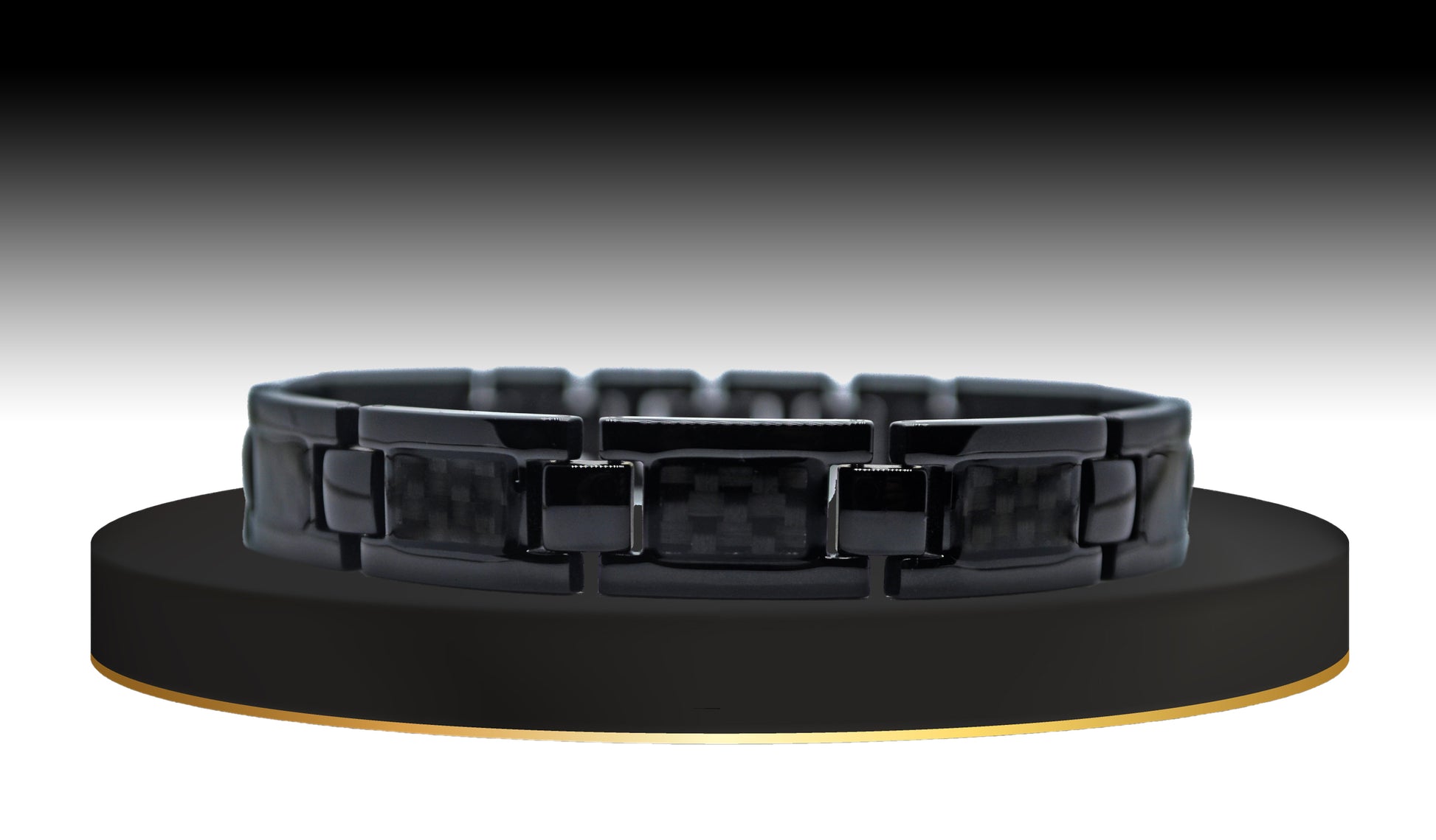 Main view of 'THE ETHAN' Men's Black Carbon Brick Bracelet, showcasing an ultra-modern jet-black carbon brick band with innovative technology. The streamlined look of this bracelet is designed to make a bold statement, seamlessly combining style and functionality.