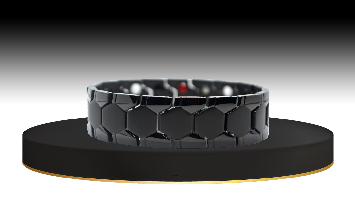 Experience innovation with 'THE CARLISLE,' a Men's Bracelet that redefines style. The main view showcases innovative matte geometric shapes nestled within each shiny classic track design, creating a unique men’s watch band bracelet. The rich black color adds a touch of sophistication, making 'THE CARLISLE' a distinctive accessory that captures attention.