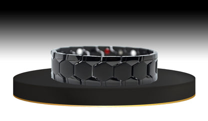 Experience innovation with 'THE CARLISLE,' a Men's Bracelet that redefines style. The main view showcases innovative matte geometric shapes nestled within each shiny classic track design, creating a unique men’s watch band bracelet. The rich black color adds a touch of sophistication, making 'THE CARLISLE' a distinctive accessory that captures attention.