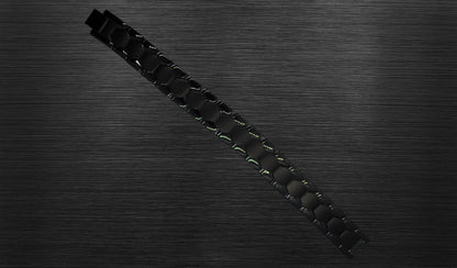 The front view of 'THE CARLISLE' allows you to appreciate the intricate details of its matte geometric shapes and shiny classic track design. The rich black color enhances the bracelet's overall aesthetic appeal, making it a refined and elegant choice for the modern man. This view emphasizes the uniqueness and sophistication that 'THE CARLISLE' brings to your wrist.