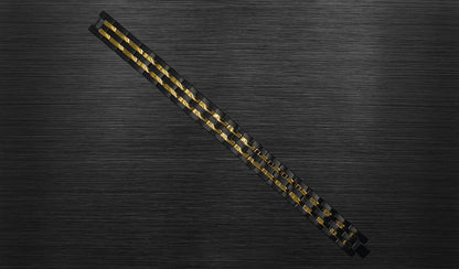 The front view of 'THE HENRY' allows you to appreciate the exquisite details of its geometric gold-trimmed links. The black and gold double trim color combination adds a touch of sophistication, making it a handsome and stylish bracelet. This view emphasizes the unique fusion of modern technology and healing properties, making 'THE HENRY' a standout piece for the contemporary man.