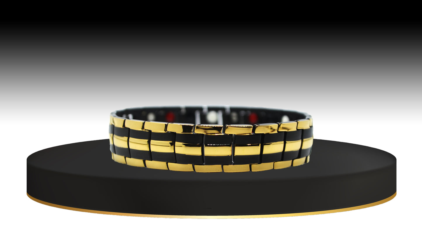 Discover 'THE AUSTIN,' a Men's Gold/Black Double Trim Bracelet designed to add contemporary sophistication to your wardrobe. The main view showcases three rows of rich gold seamlessly complementing durable black track links, resulting in a striking color contrast. 'THE AUSTIN' stands as a bold accessory that effortlessly combines style and substance, making it a must-have addition to your collection.