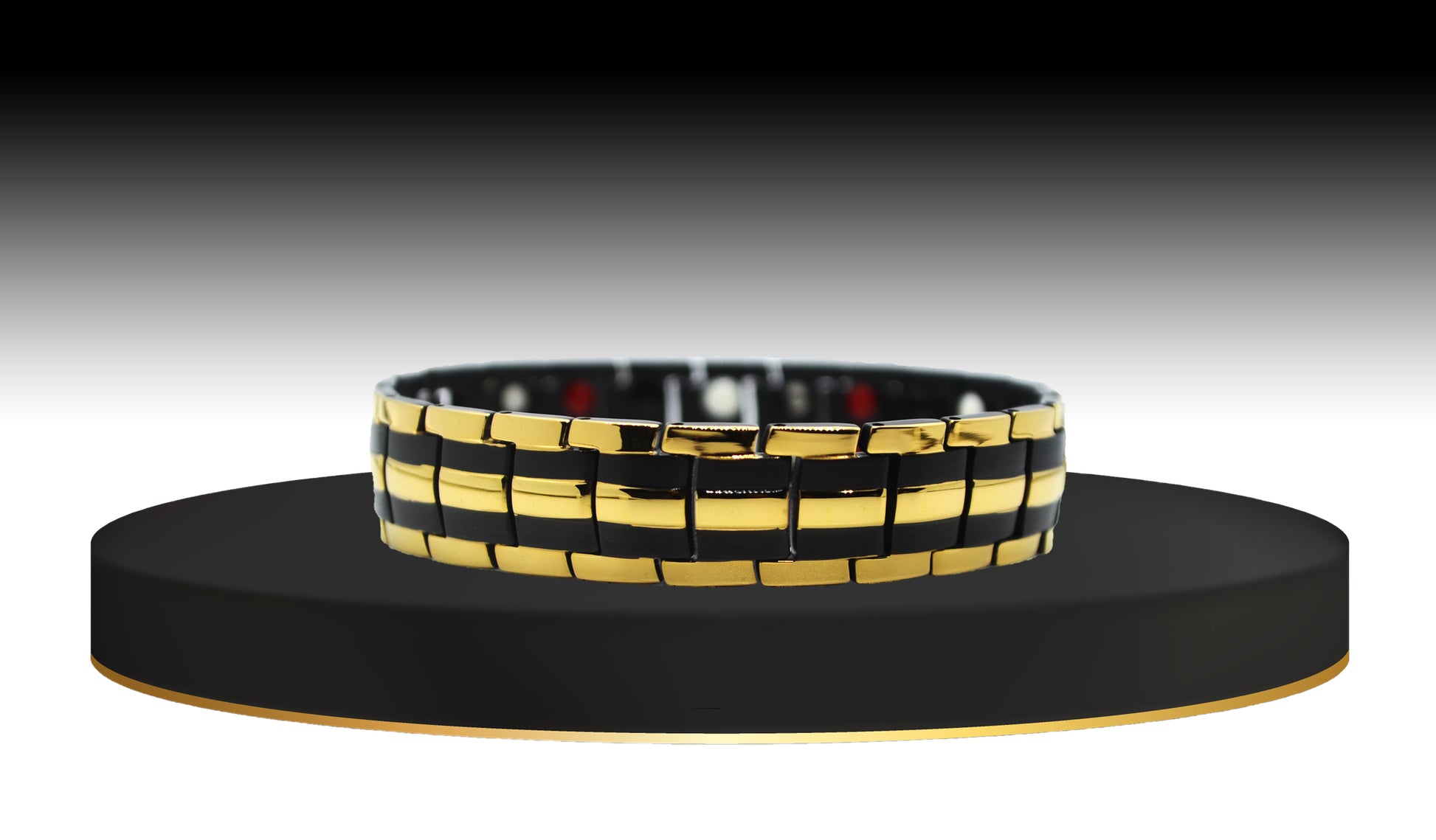 Discover 'THE AUSTIN,' a Men's Gold/Black Double Trim Bracelet designed to add contemporary sophistication to your wardrobe. The main view showcases three rows of rich gold seamlessly complementing durable black track links, resulting in a striking color contrast. 'THE AUSTIN' stands as a bold accessory that effortlessly combines style and substance, making it a must-have addition to your collection.