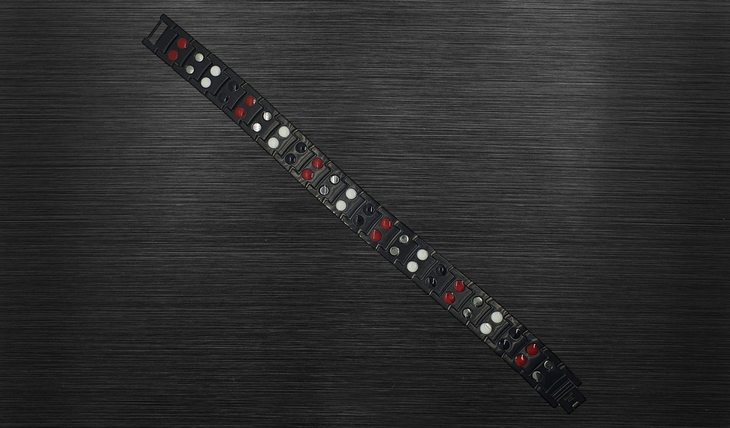 Turn to the back view of 'THE AUSTIN' to explore the thoughtful craftsmanship that ensures both durability and style. The secure fold-over clasp, visible from this angle, adds not just elegance but also convenience to this watch band bracelet. What sets 'THE AUSTIN' apart is its unique blend of style and functionality—beyond its striking appearance, it offers healing properties, providing around-the-clock support for immune system and anxiety reduction.