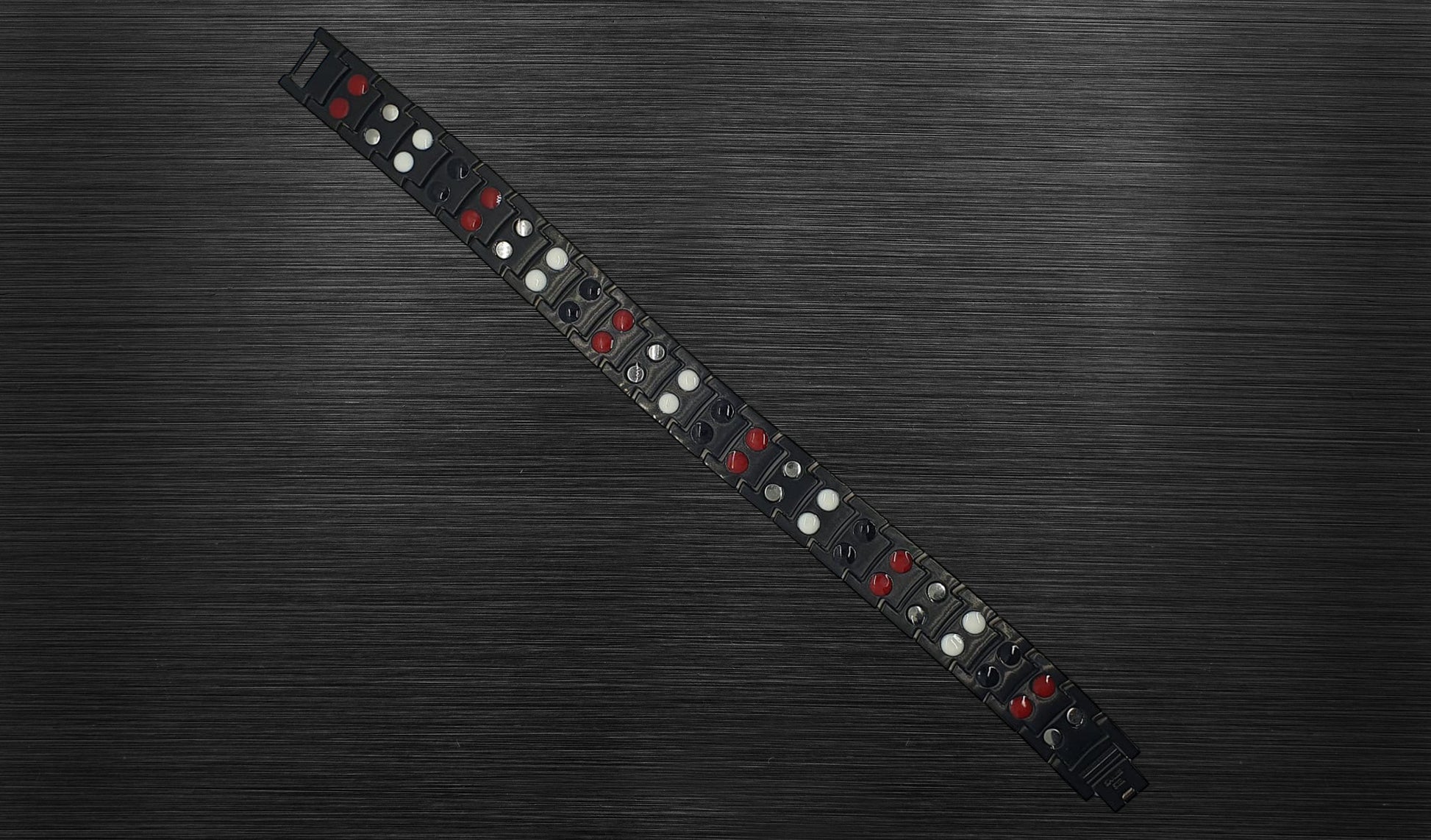Turn to the back view of 'THE AUSTIN' to explore the thoughtful craftsmanship that ensures both durability and style. The secure fold-over clasp, visible from this angle, adds not just elegance but also convenience to this watch band bracelet. What sets 'THE AUSTIN' apart is its unique blend of style and functionality—beyond its striking appearance, it offers healing properties, providing around-the-clock support for immune system and anxiety reduction.