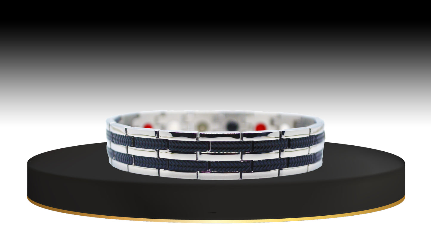Main view of 'THE RYAN' Men's Silver/Black Double Trim Bracelet, showcasing an artful blend of shiny silver trim and midnight black watch pattern. This modern luxury piece is designed for both beauty and powerful healing properties, offering a striking visual contrast that makes a statement in any setting.