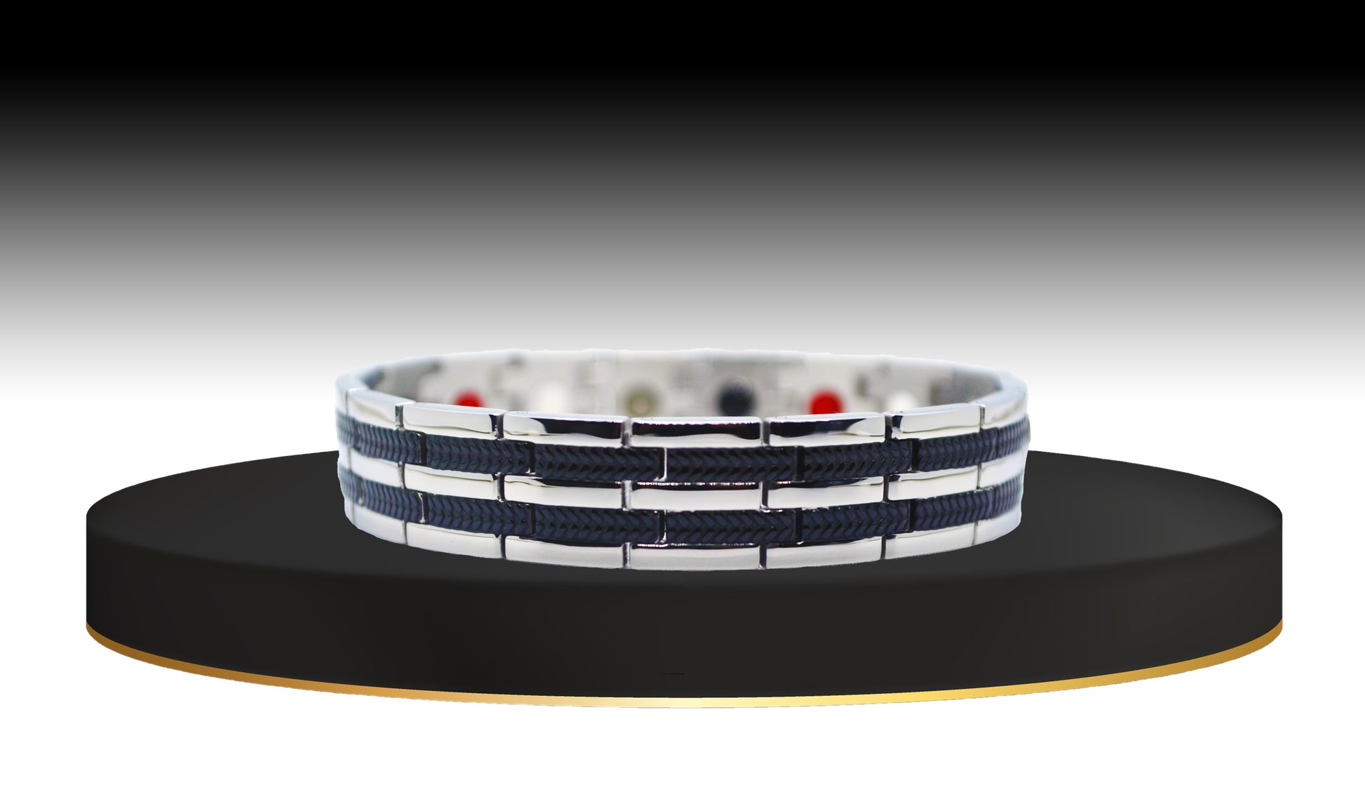 Main view of 'THE RYAN' Men's Silver/Black Double Trim Bracelet, showcasing an artful blend of shiny silver trim and midnight black watch pattern. This modern luxury piece is designed for both beauty and powerful healing properties, offering a striking visual contrast that makes a statement in any setting.