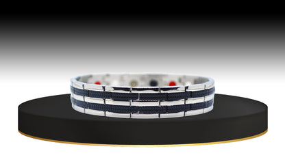 Main view of 'THE RYAN' Men's Silver/Black Double Trim Bracelet, showcasing an artful blend of shiny silver trim and midnight black watch pattern. This modern luxury piece is designed for both beauty and powerful healing properties, offering a striking visual contrast that makes a statement in any setting.
