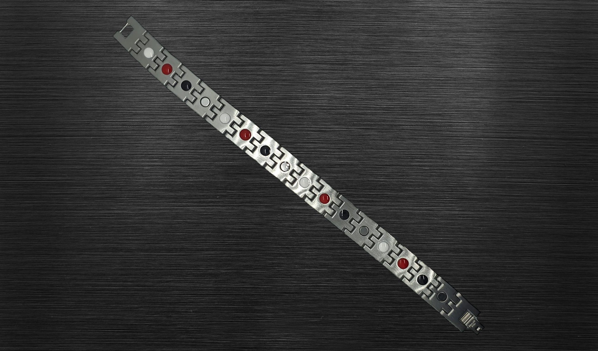 Back view of 'THE RYAN' Men's Silver/Black Double Trim Bracelet, revealing the craftsmanship and secure fold-over clasp. Each link is designed for both elegance and functionality, ensuring a comfortable fit and showcasing the innovative features of this statement piece.