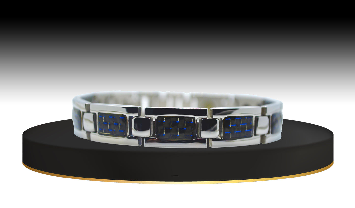 Main view of 'THE JOSEPH' Men's Silver/Blue Carbon Brick Bracelet, presenting an elevated style to enhance your fine jewelry collection. This durable stainless steel and blue smart bracelet seamlessly blend sophistication with powerful healing technology, making it a standout accessory for any occasion.