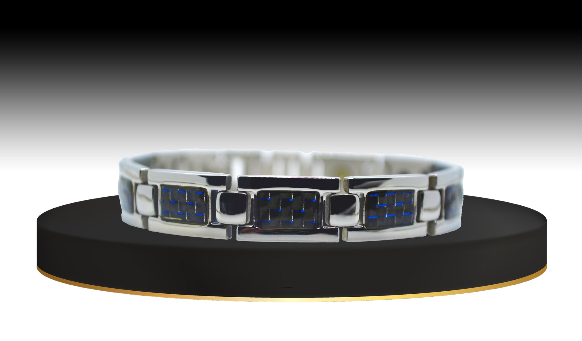 Main view of 'THE JOSEPH' Men's Silver/Blue Carbon Brick Bracelet, presenting an elevated style to enhance your fine jewelry collection. This durable stainless steel and blue smart bracelet seamlessly blend sophistication with powerful healing technology, making it a standout accessory for any occasion.