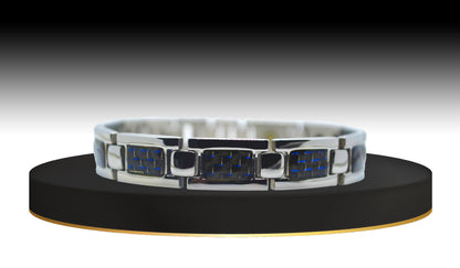 Main view of 'THE JOSEPH' Men's Silver/Blue Carbon Brick Bracelet, presenting an elevated style to enhance your fine jewelry collection. This durable stainless steel and blue smart bracelet seamlessly blend sophistication with powerful healing technology, making it a standout accessory for any occasion.