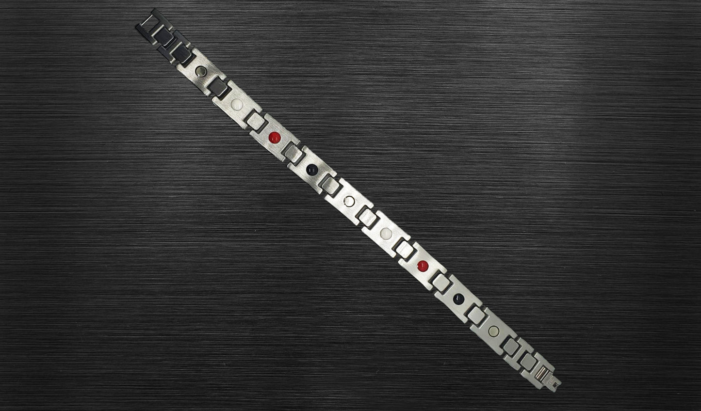 Back view of 'THE JOSEPH' Men's Silver/Blue Carbon Brick Bracelet, revealing the craftsmanship and the secure fold-over clasp. Each luxe link is crafted with powerful healing technology that improves circulation, supports immunity, and more. This view provides a comprehensive understanding of the durability, functionality, and timeless appeal of 'THE JOSEPH.