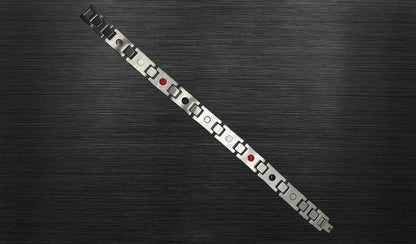 Back view of 'THE JOSEPH' Men's Silver/Blue Carbon Brick Bracelet, revealing the craftsmanship and the secure fold-over clasp. Each luxe link is crafted with powerful healing technology that improves circulation, supports immunity, and more. This view provides a comprehensive understanding of the durability, functionality, and timeless appeal of 'THE JOSEPH.