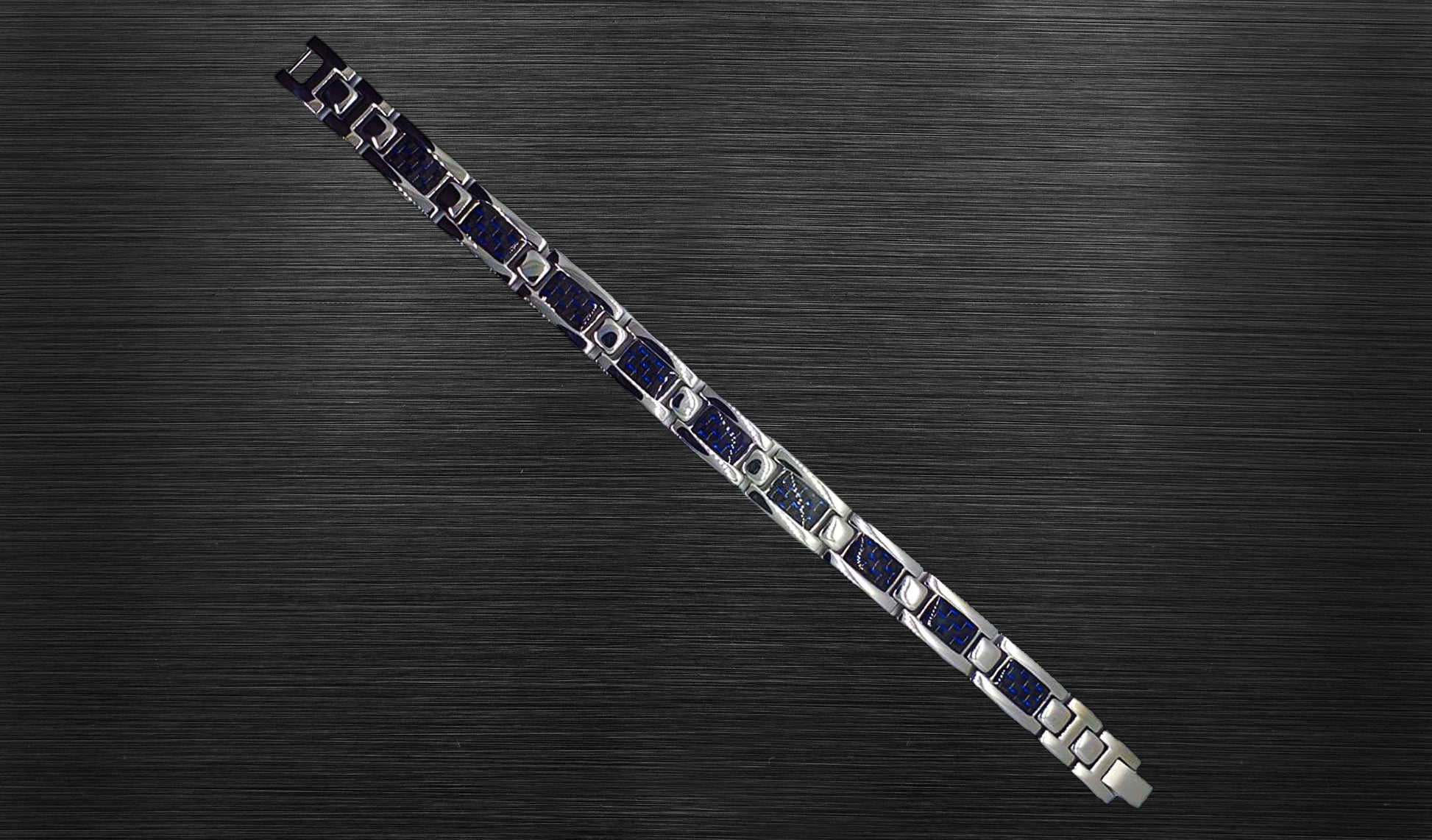 Front view of 'THE JOSEPH' Men's Silver/Blue Bracelet, showcasing the exquisite details of the luxe links that combine durable stainless steel with a captivating blue hue. This perspective emphasizes both the aesthetic appeal and the innovative healing properties within each link, creating a perfect fusion of style and functionality.