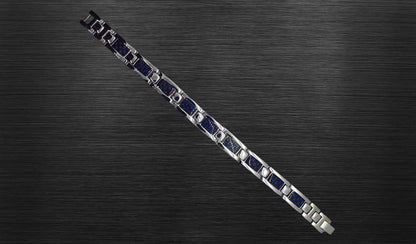 Front view of 'THE JOSEPH' Men's Silver/Blue Bracelet, showcasing the exquisite details of the luxe links that combine durable stainless steel with a captivating blue hue. This perspective emphasizes both the aesthetic appeal and the innovative healing properties within each link, creating a perfect fusion of style and functionality.
