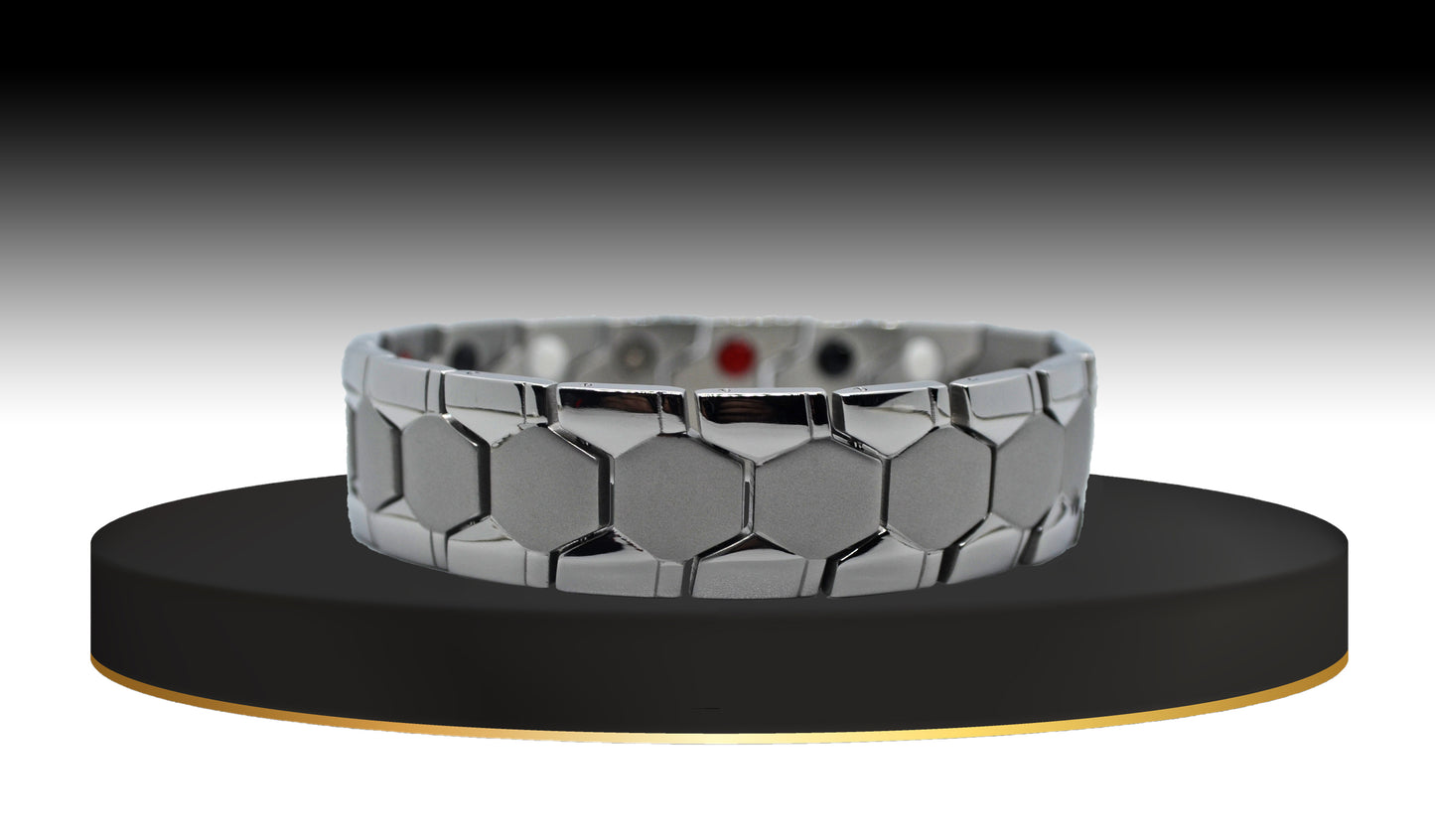 Introducing 'THE ADAM,' a Men's Silver Geometric Brick Bracelet that seamlessly blends style and functionality. The main view showcases its distinctive matte geometric and shiny watch design, making a stylish statement on your wrist. Beyond its aesthetic appeal, 'THE ADAM' is crafted with special meaning and prestige, offering immune system support and anxiety reduction with each wear.