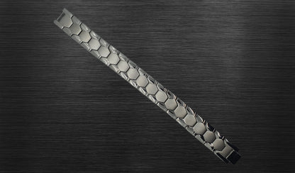 The front view of 'THE ADAM' allows you to appreciate the exquisite details of its matte geometric and shiny watch design. The combination of silver and the thoughtful arrangement of links creates a handsome and stylish accessory. This view emphasizes the bracelet's contemporary and meaningful design, making it a standout piece for the modern man.