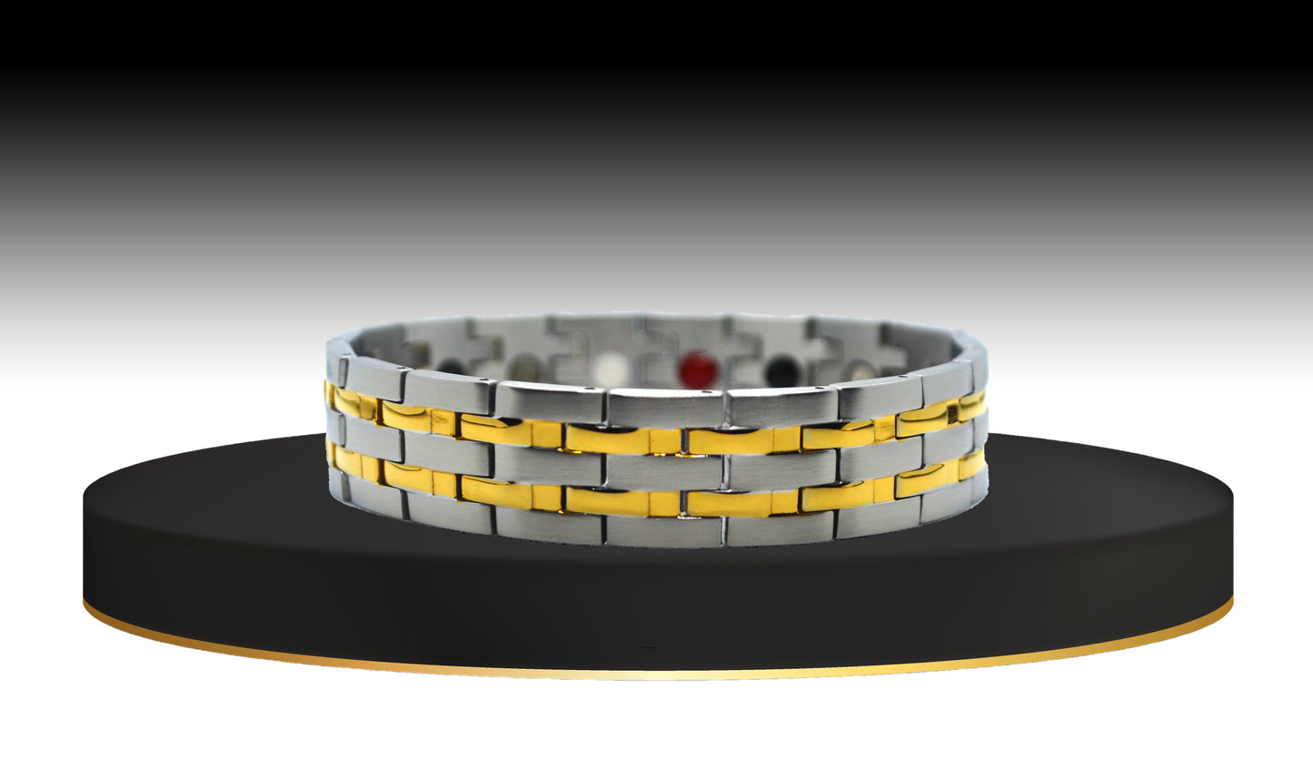 This is 'THE DYLAN,' a captivating men’s watch band bracelet that seamlessly blends potent healing properties with classic elegance. The main view showcases the unique two-tone design, where rich gold trim perfectly aligns on durable silver hinged links. This bracelet makes a confident statement in style, embodying modern sophistication.