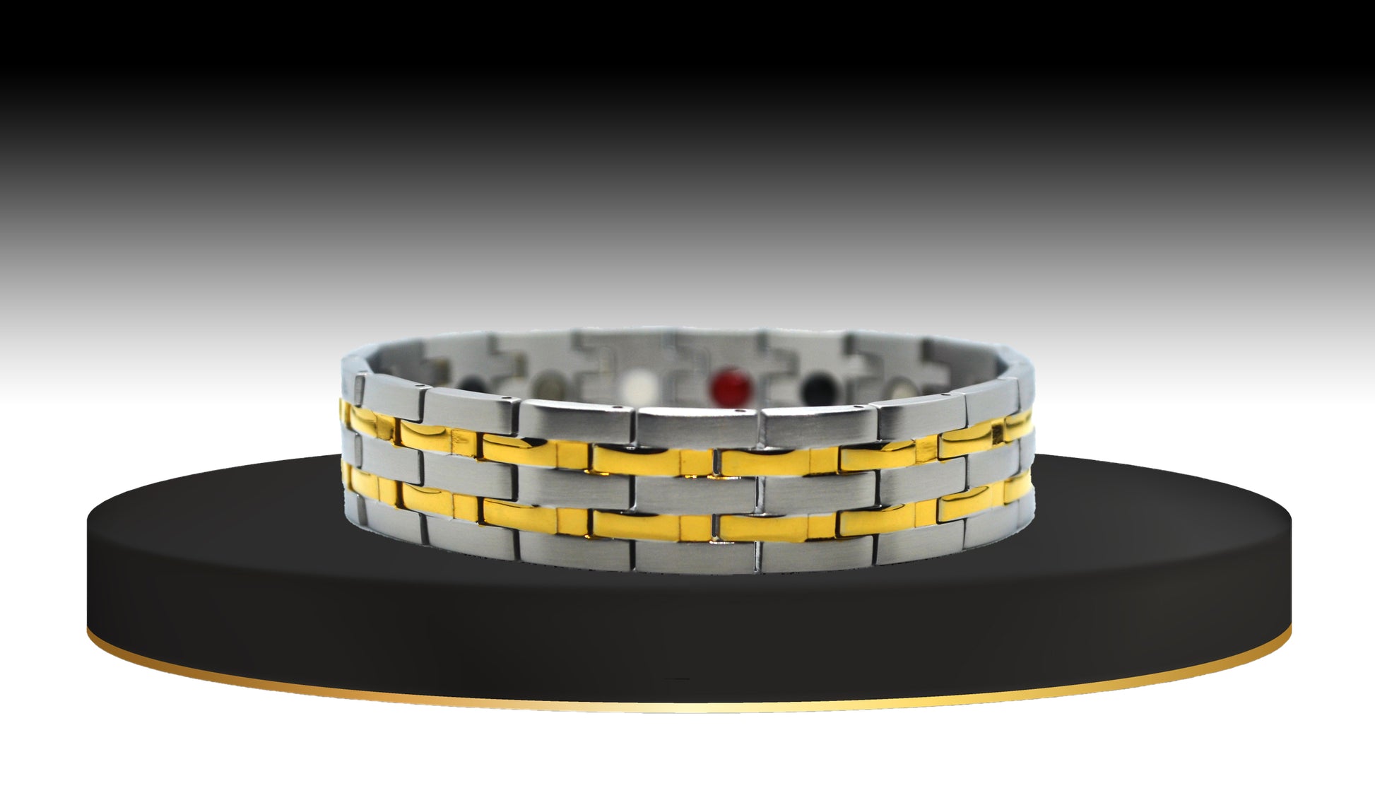 This is 'THE DYLAN,' a captivating men’s watch band bracelet that seamlessly blends potent healing properties with classic elegance. The main view showcases the unique two-tone design, where rich gold trim perfectly aligns on durable silver hinged links. This bracelet makes a confident statement in style, embodying modern sophistication.