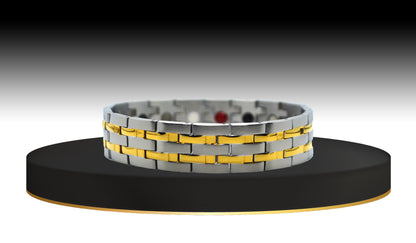 This is 'THE DYLAN,' a captivating men’s watch band bracelet that seamlessly blends potent healing properties with classic elegance. The main view showcases the unique two-tone design, where rich gold trim perfectly aligns on durable silver hinged links. This bracelet makes a confident statement in style, embodying modern sophistication.