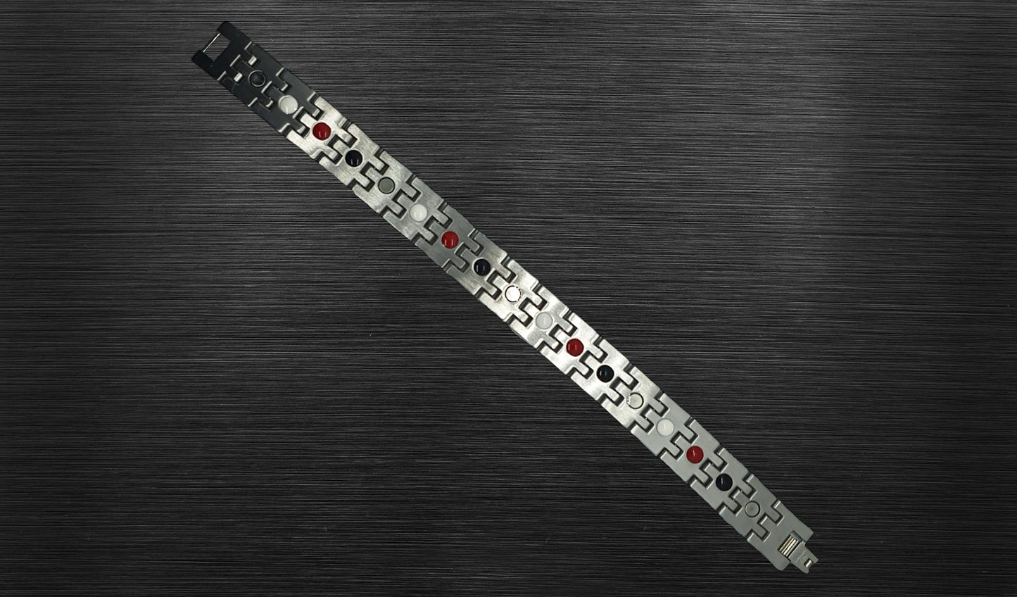 Turn to the back view of 'THE DYLAN' to appreciate its secure fold-over clasp, offering both style and convenience. The durable silver hinged links are visible, showcasing the craftsmanship that ensures longevity. The back view complements the overall design, providing a complete understanding of the bracelet's construction and finishing touches.