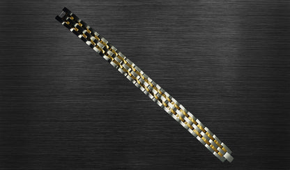 The front view of 'THE DYLAN' reveals its exquisite craftsmanship and attention to detail. The two-tone combination of silver and gold creates a harmonious balance, while the rich gold trim adds a touch of opulence. The front view is perfect for appreciating the overall design and how it effortlessly enhances your wrist with a timeless charm.