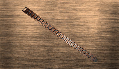 Back view of 'THE COOPER' Unisex Copper Bracelet, revealing the craftsmanship and the secure clasp. Each link is crafted with innovative technology designed to support the immune system and circulation. This view provides a comprehensive understanding of the powerful healing properties and stunning design that make 'THE COOPER' a unique and impactful accessory for wellness and style.