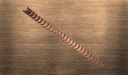 Front view of 'THE COOPER' Unisex Copper Bracelet, highlighting the intricate details of the copper links and the symbolic representation of attracting wealth and fortune. This perspective emphasizes the bracelet's unique blend of traditional symbolism and modern healing technology, creating a distinctive accessory for both men and women.