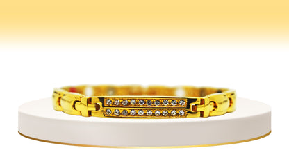 Main view of 'THE ANGELA' Women’s Gold Double Bar Crystallized Bracelet, showcasing a double dose of luxury with brightly polished gold links and two rows of sparkling crystals. This beautiful bracelet is a statement of elegance, seamlessly blending glamour with innovative technology for a stunning overall appearance.