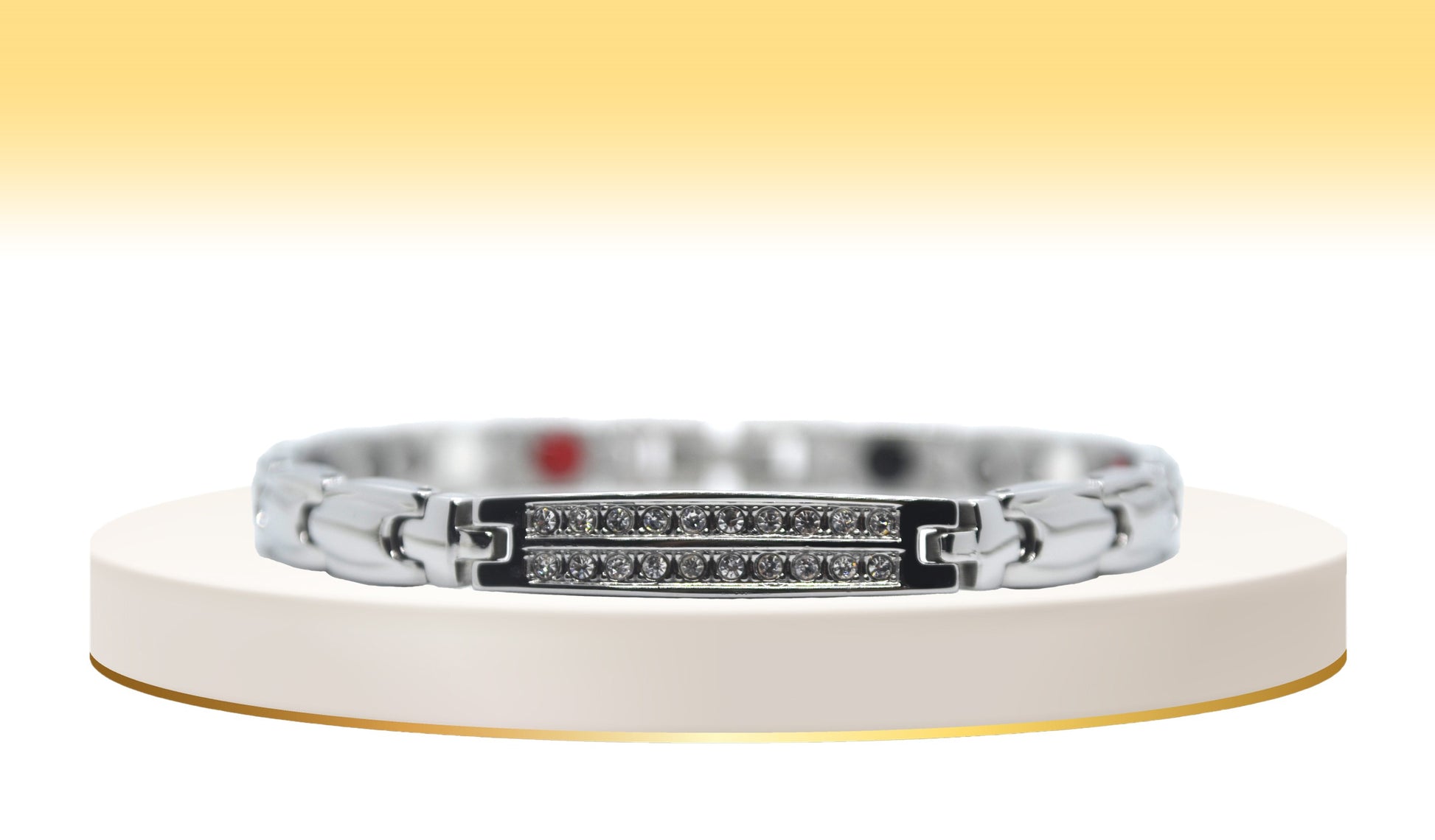 Main view of 'THE IRIS' Women’s Silver Double Bar Crystallized Bracelet, showcasing round brilliant cut crystals pave set in two beautiful rows on a bar top. This silver bracelet exudes elegance, featuring ultra-shiny links along the wrist adorned with innovative technology for both style and well-being.