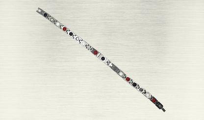 Back view of 'THE IRIS' Women’s Silver Double Bar Crystallized Bracelet, revealing the craftsmanship and the secure fold-over clasp. Innovative technology within the ultra-shiny links is designed to reduce stress and anxiety while amping up the immune system. This perspective provides a comprehensive understanding of the unique bracelet, making it a go-to favorite for both style and holistic well-being.