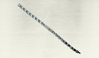 Front view of 'THE IRIS' Women’s Silver Double Bar Crystallized Bracelet, highlighting the intricate details of the round brilliant cut crystals on the bar top. The ultra-shiny silver links align along the wrist, creating a visually stunning accessory that seamlessly blends glamour with innovative technology.